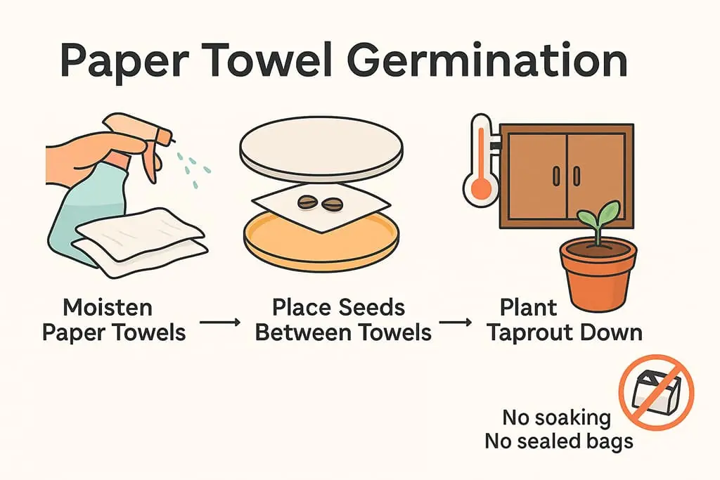 an easy-to-follow step-by-step illustration showing the paper towel germination method for cannabis seeds.