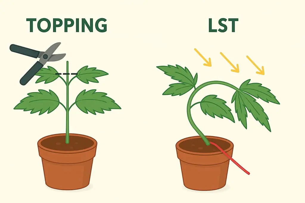 An illustration showing basic low-stress training (LST) and topping techniques on a young cannabis plant