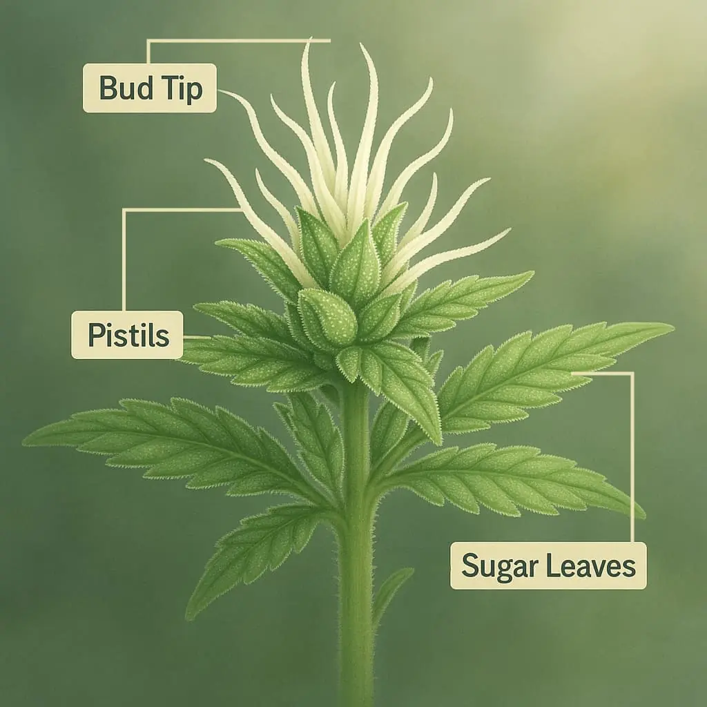 A visual showing early cannabis bud development small white pistils, forming calyxes, and early trichome frost
