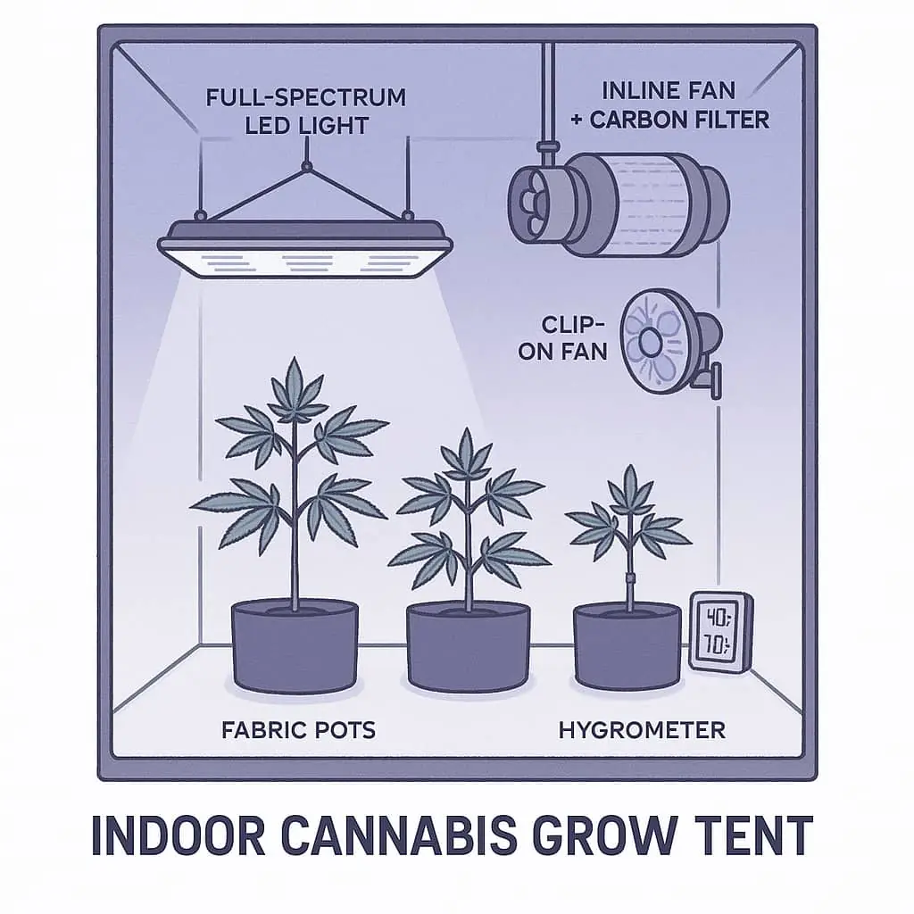 A labeled diagram of a basic indoor cannabis grow tent setup with full-spectrum LED light, inline fan + carbon filter, clip-on fan, fabric pots, and hygrometer.