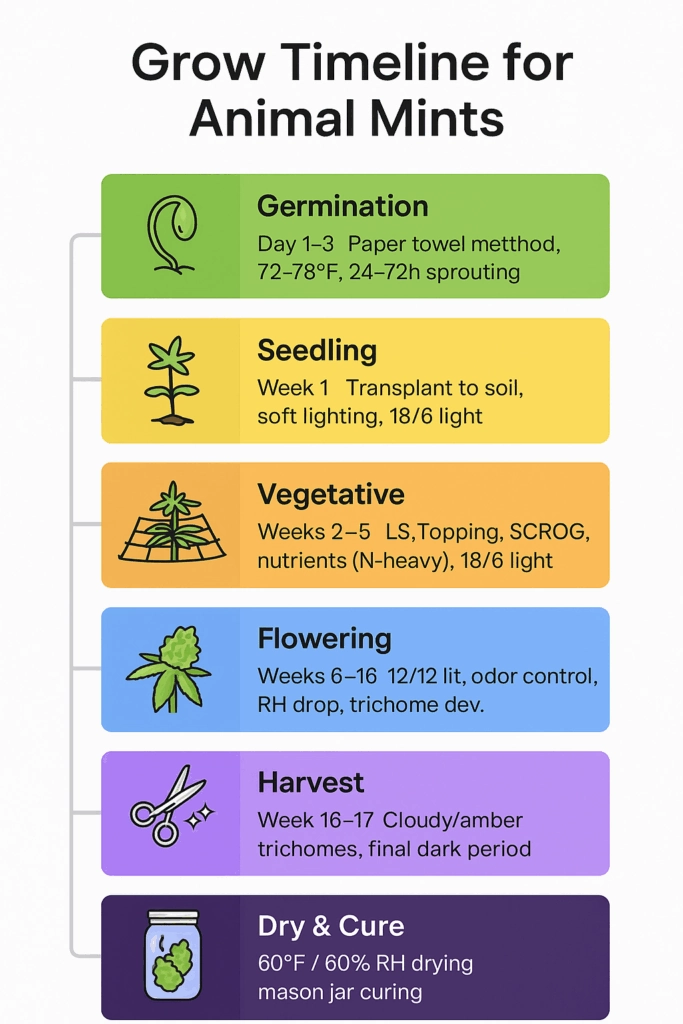 Chart timeline of Animal Mints Strain Grow Cycle