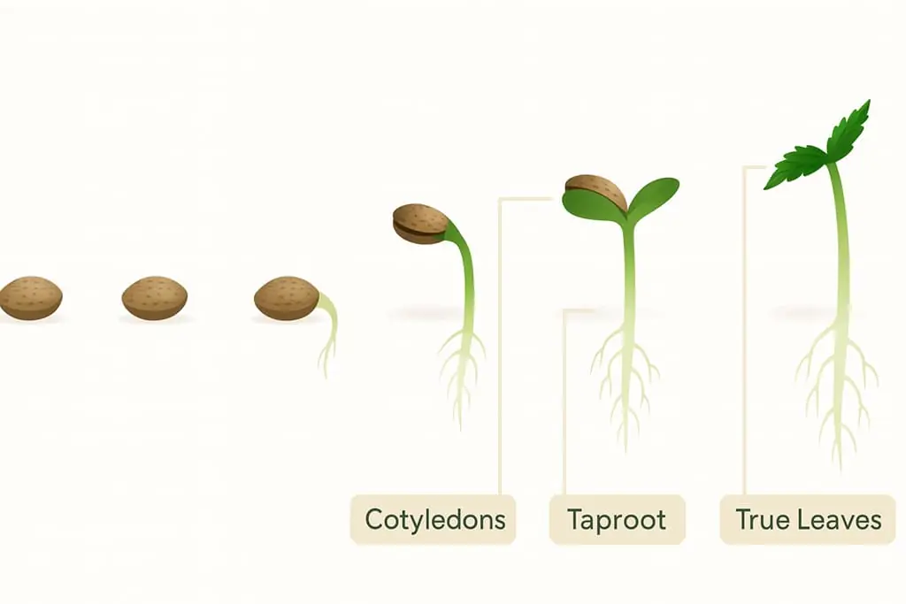 A visual showing the cannabis seedling stage, from sprouted seed to first set of true leaves.