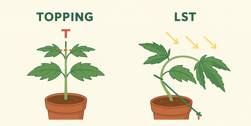 An illustration showing basic low-stress training (LST) and topping techniques on a young cannabis plant
