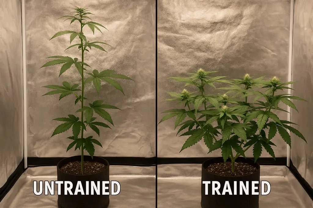 A visual representation of a trained vs untrained cannabis plant