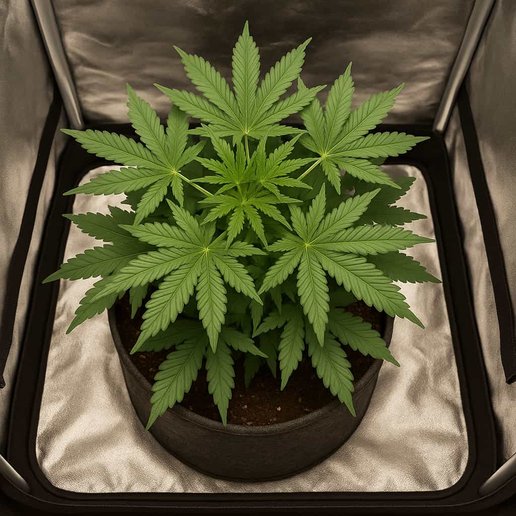 a cannabis plant with lush foliage in the vegetative stage