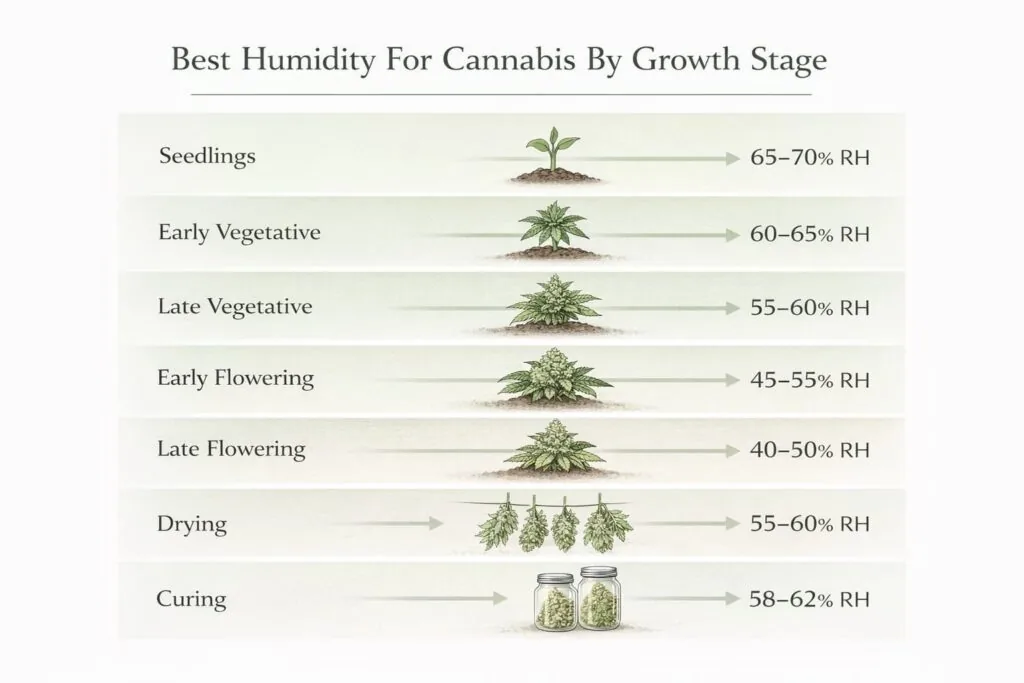 best humidity for cannabis chart showing ideal RH ranges for each growth stage