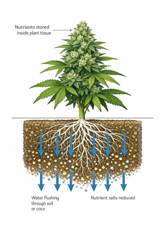 flushing cannabis affects root zone not nutrients stored in buds