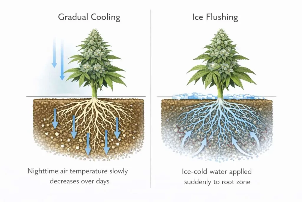 gradual temperature reduction compared to ice flushing cannabis