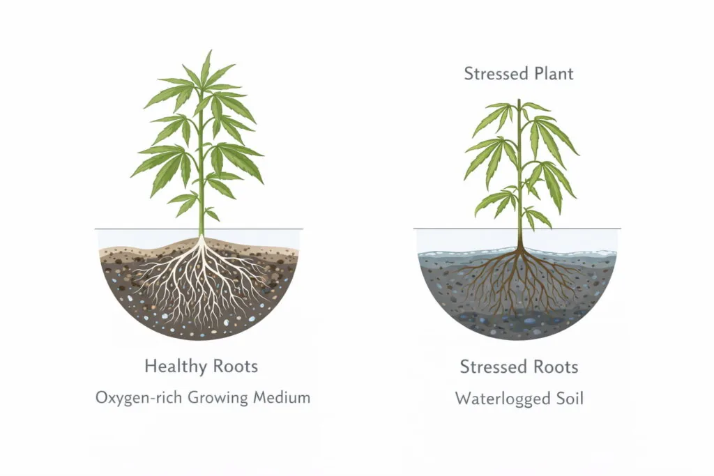 An educational diagram showing two cannabis root zones side by side. One shows healthy roots in an oxygen-rich growing medium. The other shows waterlogged soil with stressed roots and stressed plant. Scientific illustration style, clean lines, white background, professional horticulture diagram.