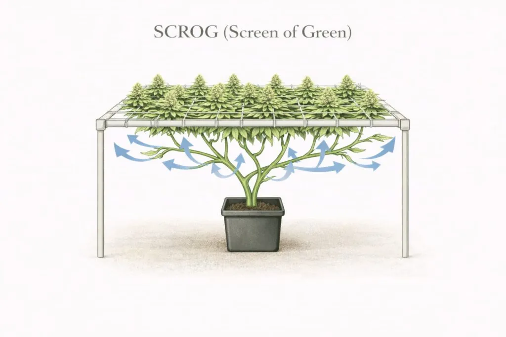 scrog cannabis showing branches trained horizontally under a screen